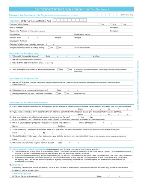 Combined Insurance Claim Form.